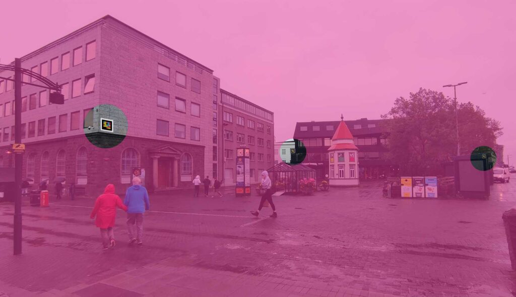 Square in Reykjavik with Navilens tags for increased accessibility.